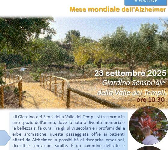 Al via la quarta edizione della “Passeggiata dei ricordi”. L’iniziativa ASP, dedicata ai pazienti affetti da Alzheimer, è in programma domattina al Giardino sensoriale della Valle dei Templi